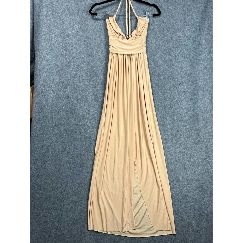 MISA Los Angeles Dress Women Small Gold A Line V Neck Halter Tie Sleeveless Maxi